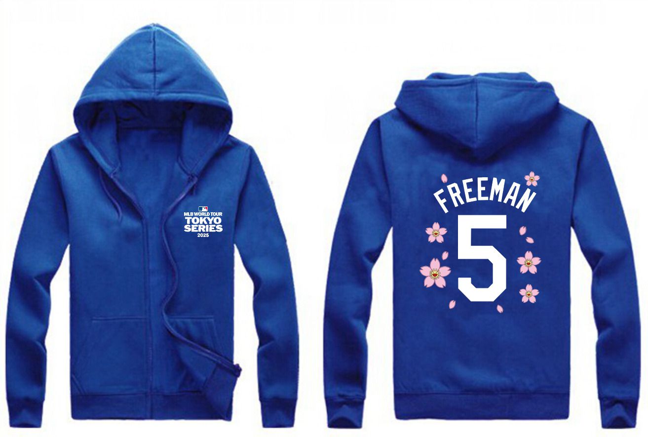 Men Los Angeles Dodgers 5 Freeman Blue Zipper hoodie 2025 MLB Jersey style 1